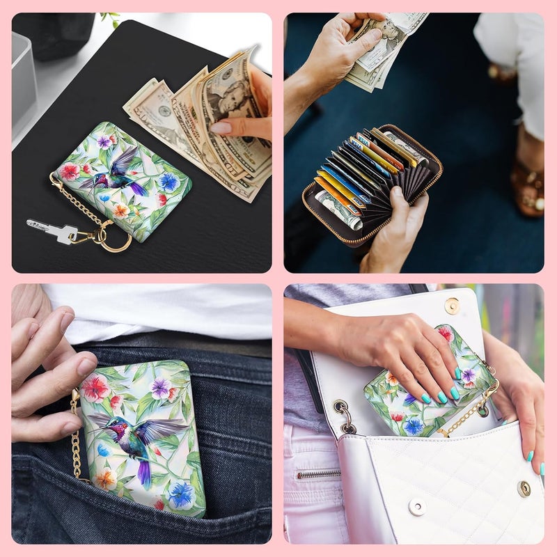 Blusabaca RFID Wallet, Credit Card Holder for Women, Bird Small Wallet with Card Slots Zipper, Leather RFID Card Holder, Card Keychain Wallet, Card Case RFID Blocking Accordion Gift - Image 3